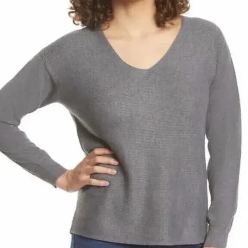 NWT Ella Moss Women's Ribbed Knit Cozy V-Neck Sweater Gray Size 2XL $65 TT014